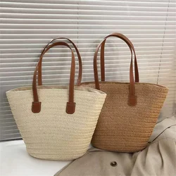 Summer Rattn Weave Bag With Inner Bag For Women Beach Vacation Weaving Straw Bag Large Capacity Travel Handle Bucket Totes