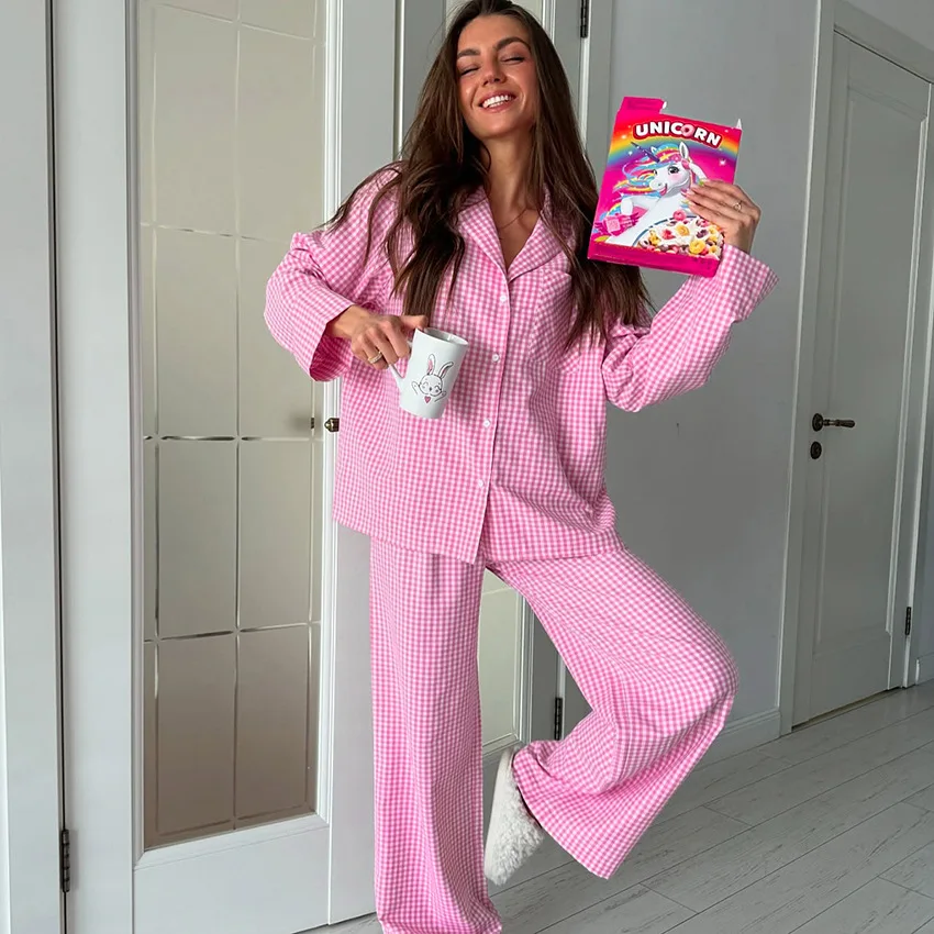 

Spring New Women's 2-piece Pant Set Checkered Long Sleeved Two Piece Long Pants Set Stripe Shirt Household Clothes Shirt