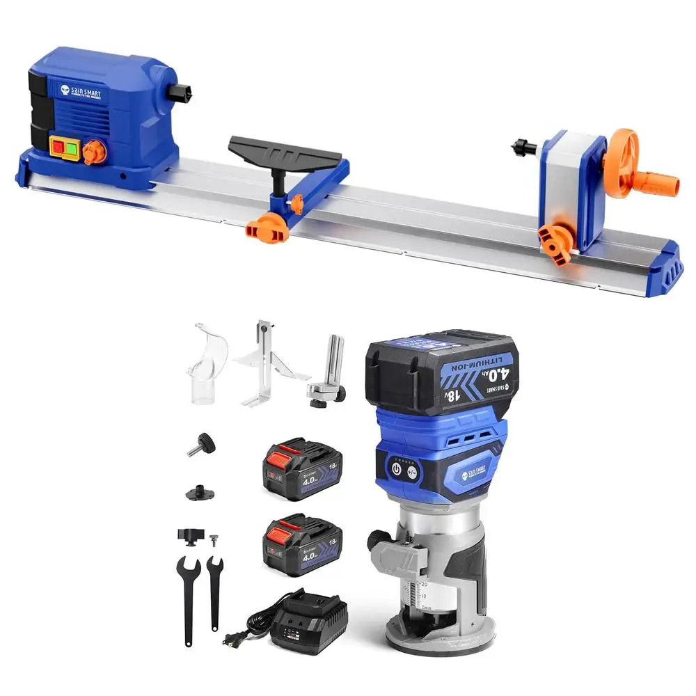 Variable Speed Benchtop Wood Lathe with Cordless Router and 2 Batteries