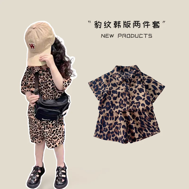 

Western Style Children Leopard Suit2024Summer New Boys and Girls Trendy Short Sleeve Shirt Shorts Two-Piece Set