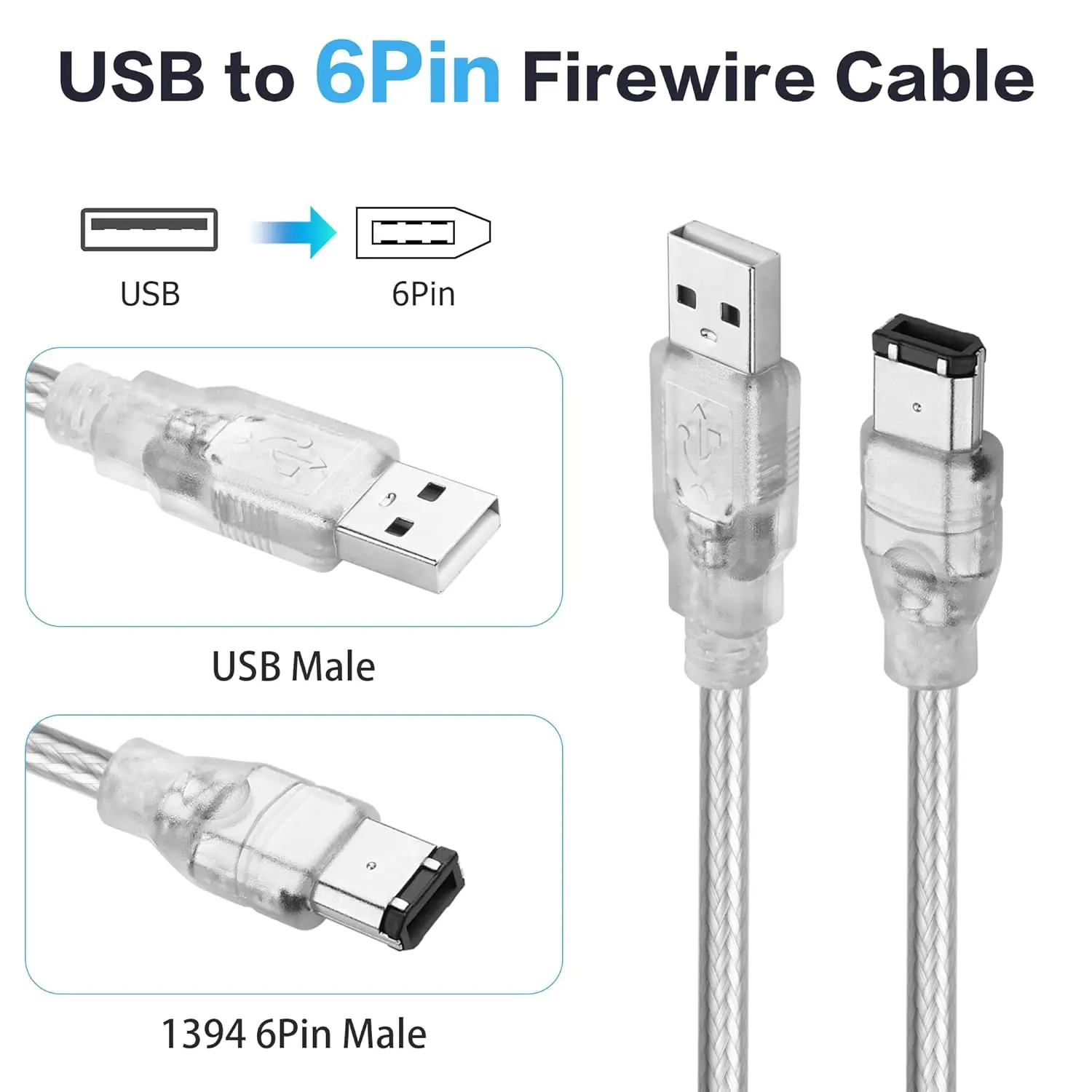 Firewire to USB Adapter Cable Firewire IEEE 1394 6 Pin Male to USB 2.0 A Male Adaptor Convertor Cable for Printer Scanner Digita