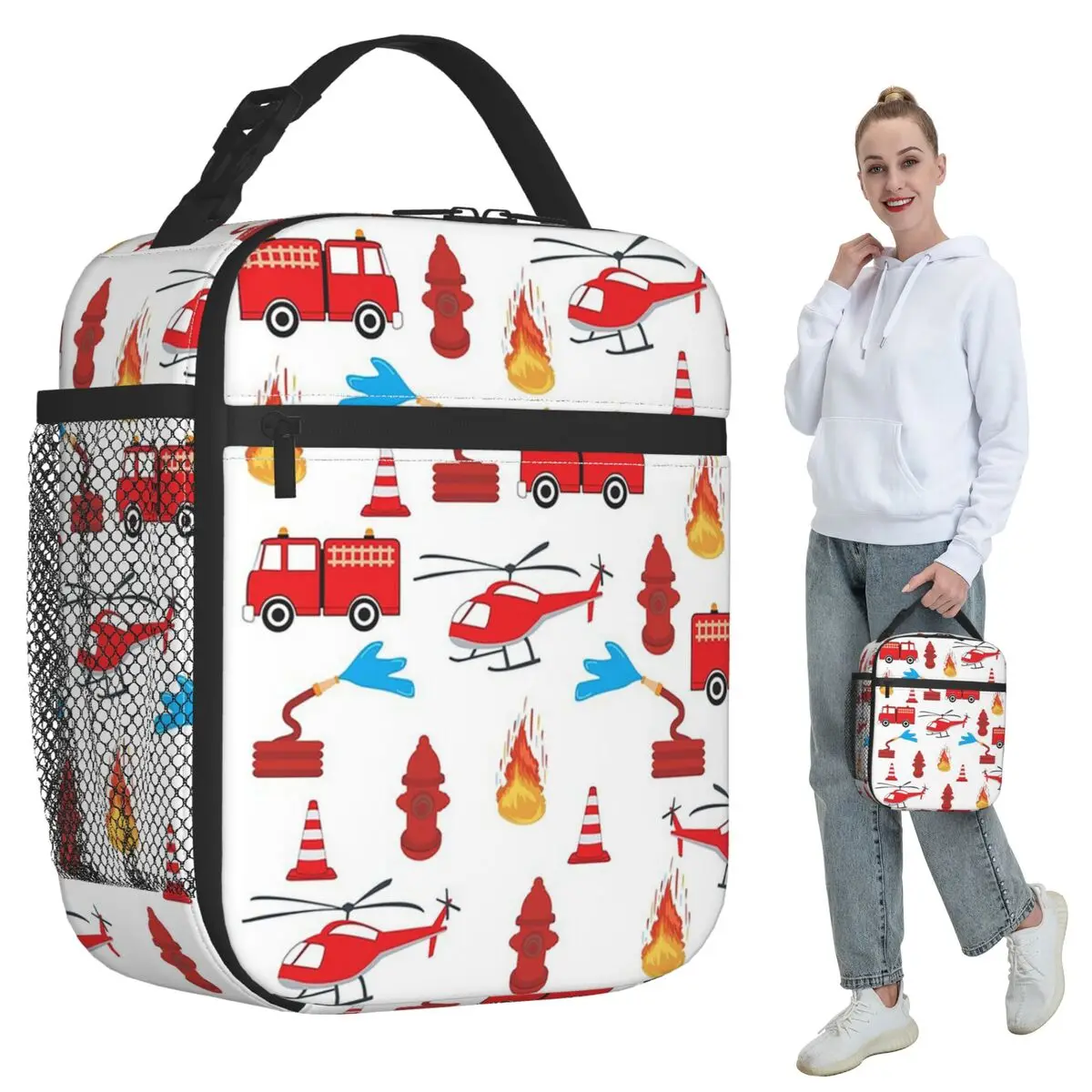 Red Transport Fire Truck Engine Brigade Insulated Lunch Bag for Women Office Cooler Thermal Food Box Tote Lunch Boxes Container