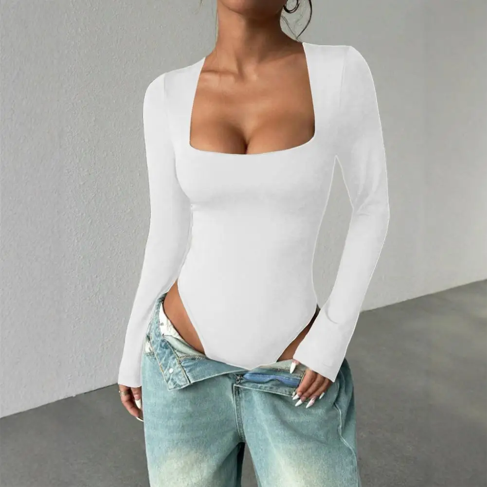 Body a maniche lunghe con clavicola Body da donna con scollo quadrato Manica lunga Slim Fit Top Autunno Basic One per stratificazione da donna