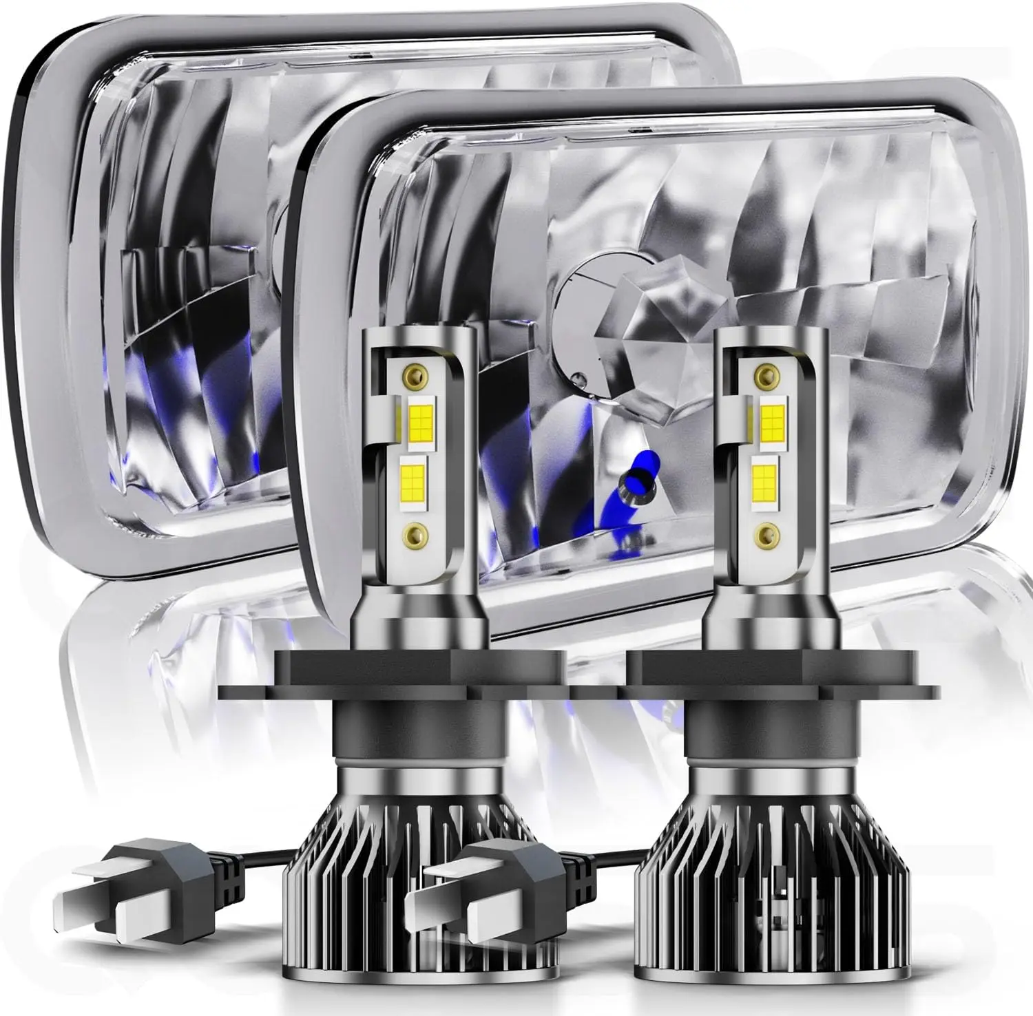 

5x7 7x6 LED Headlights Hi-Lo Beam for Ford E-Series Vans 1982-2012, Clear Glass Lens, H4 Bulbs, 6000K White