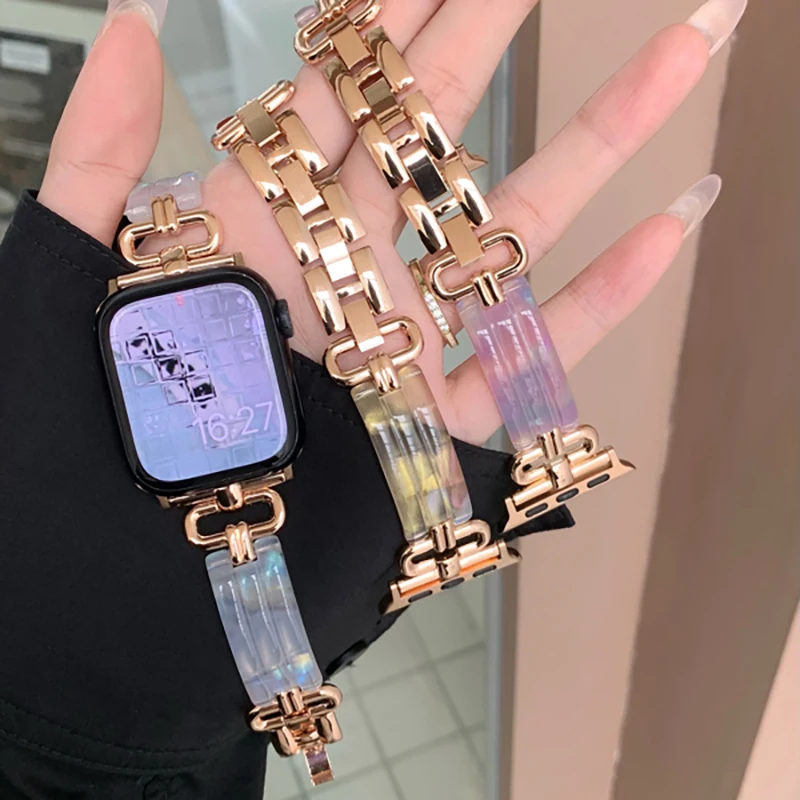 Tali logam Resin untuk Apple Watch, tali 40mm 44mm 45 38 41 gelang warna-warni untuk iWatch Seri 7 8 SE 6 5 3 42mm 49mm Aksesori