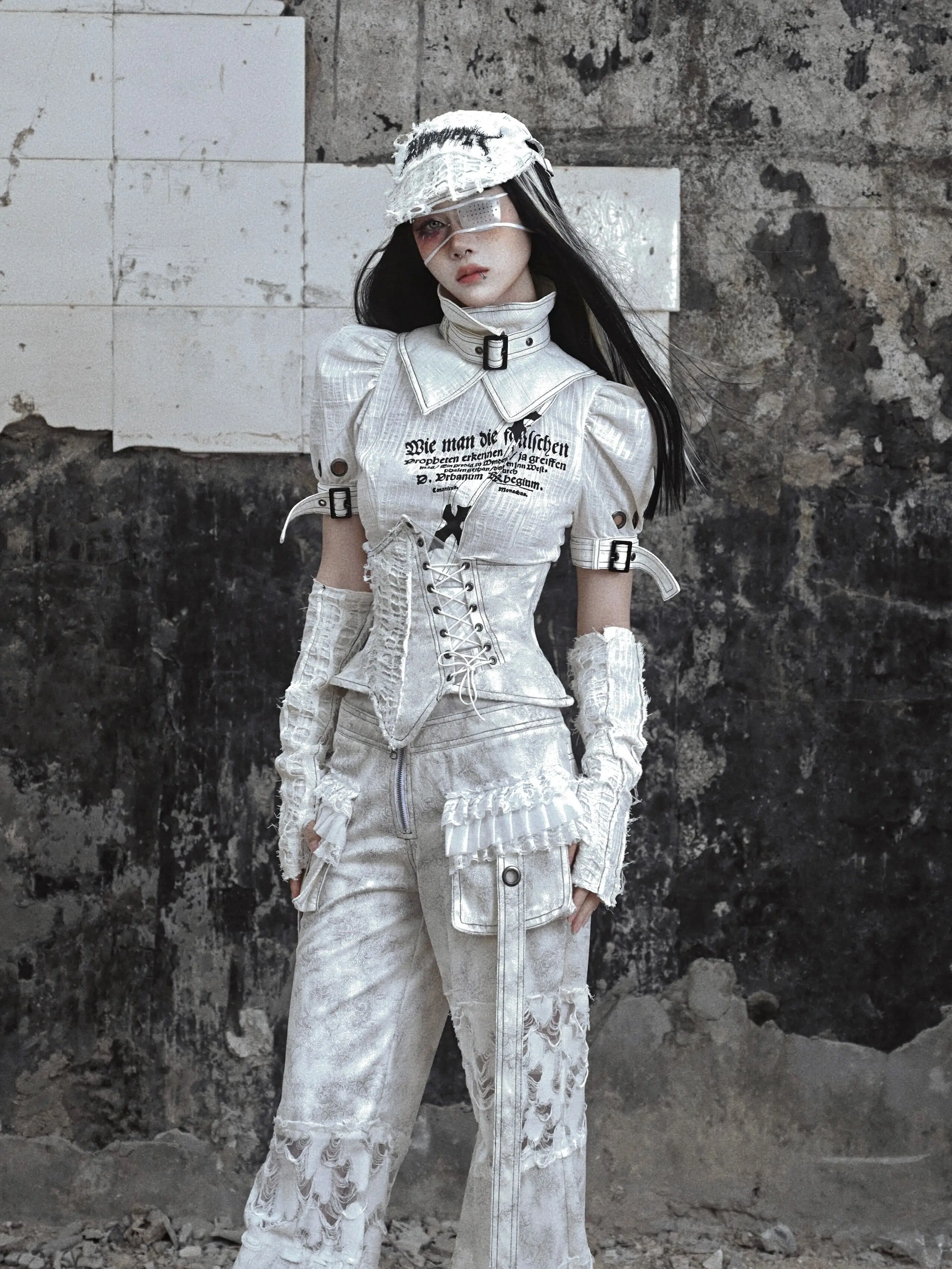 Blood Supply Original Old Suede Holes Asymmetrical Fishbone Gothic Grunge White Waist Strap Spring Waist Seal Girdle