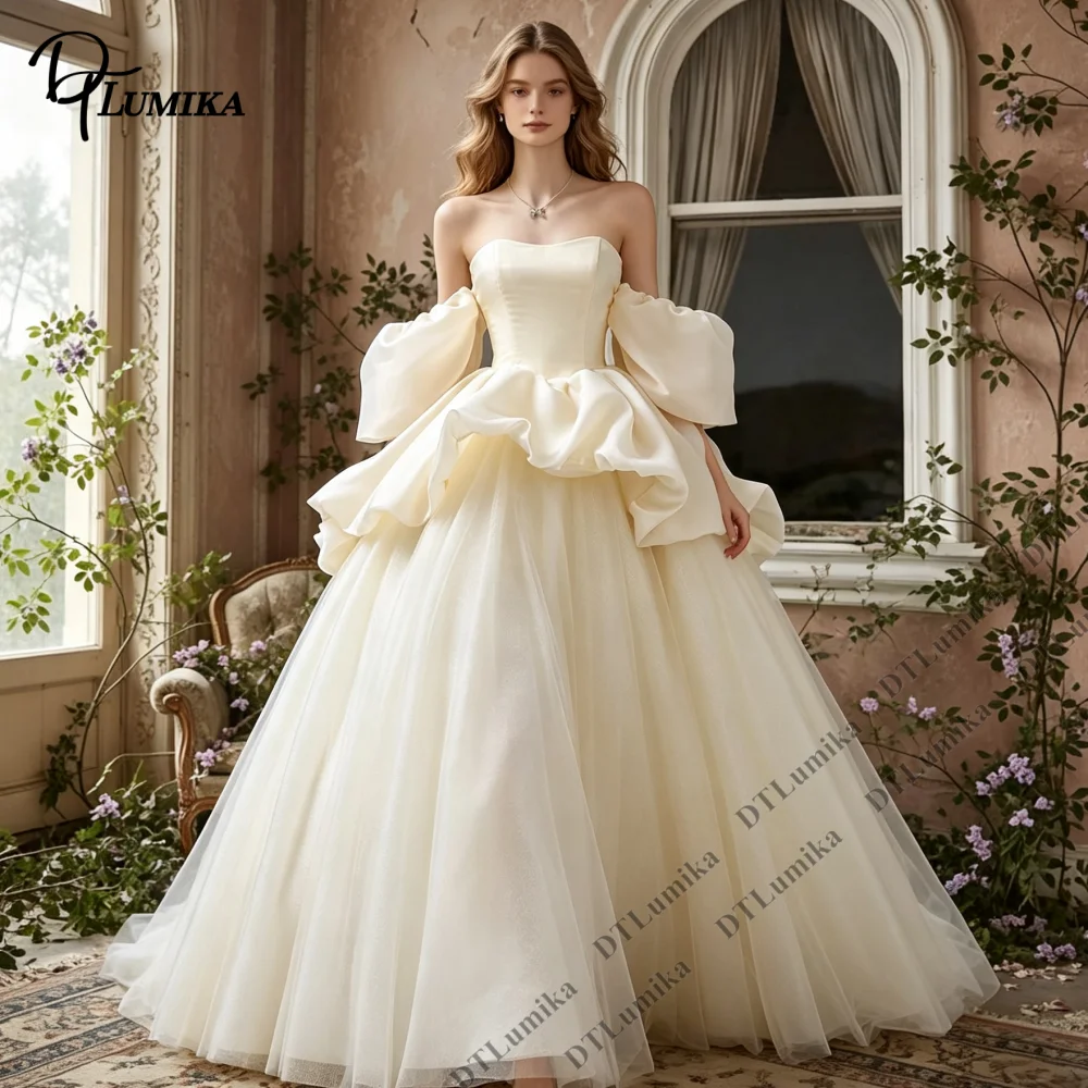 Princess Ball Gown Wedding Dress Strapless Puff Sleeve Champagne Tulle Bridal Gown Sweetheart Neck Wedding Gown Customized 2026