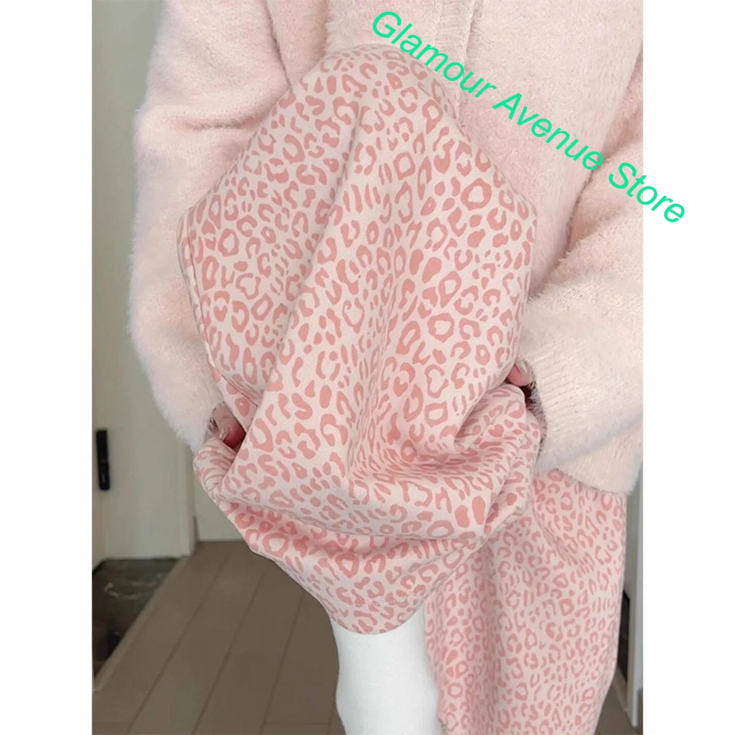 Korean Pink Leopard Print and Cashmere Pants Children's Autumn and Winter New Retro Lazy Wind Loose Slim Casual Wide-leg Pants.