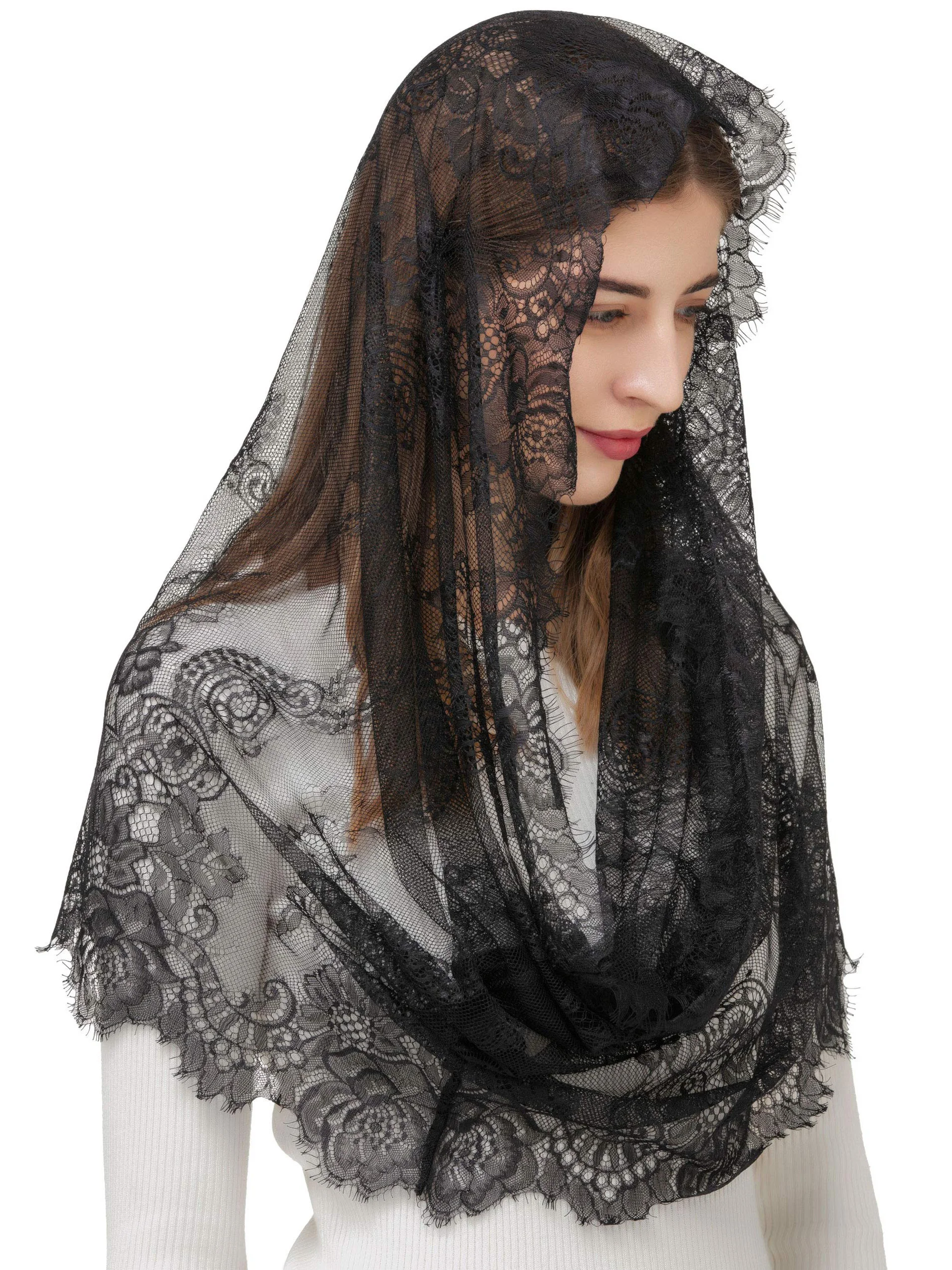 Black Lace Veil Spanish Style Lace Traditional Vintage Inspired Infinity Shape Mantilla Veil Latin Mass Head Covering