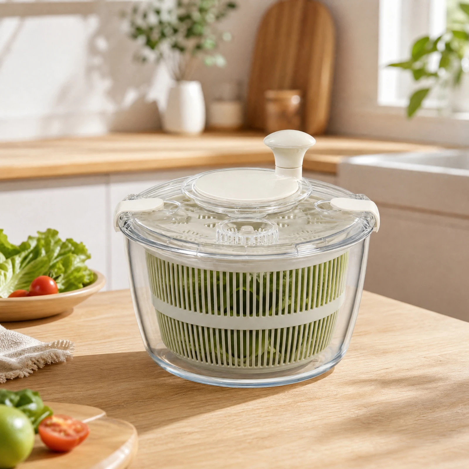 Kitchen Tool Transparent Hand-Operated Vegetable Dryer Rotary Salad Dryer with Perforated Basket Long-Lasting