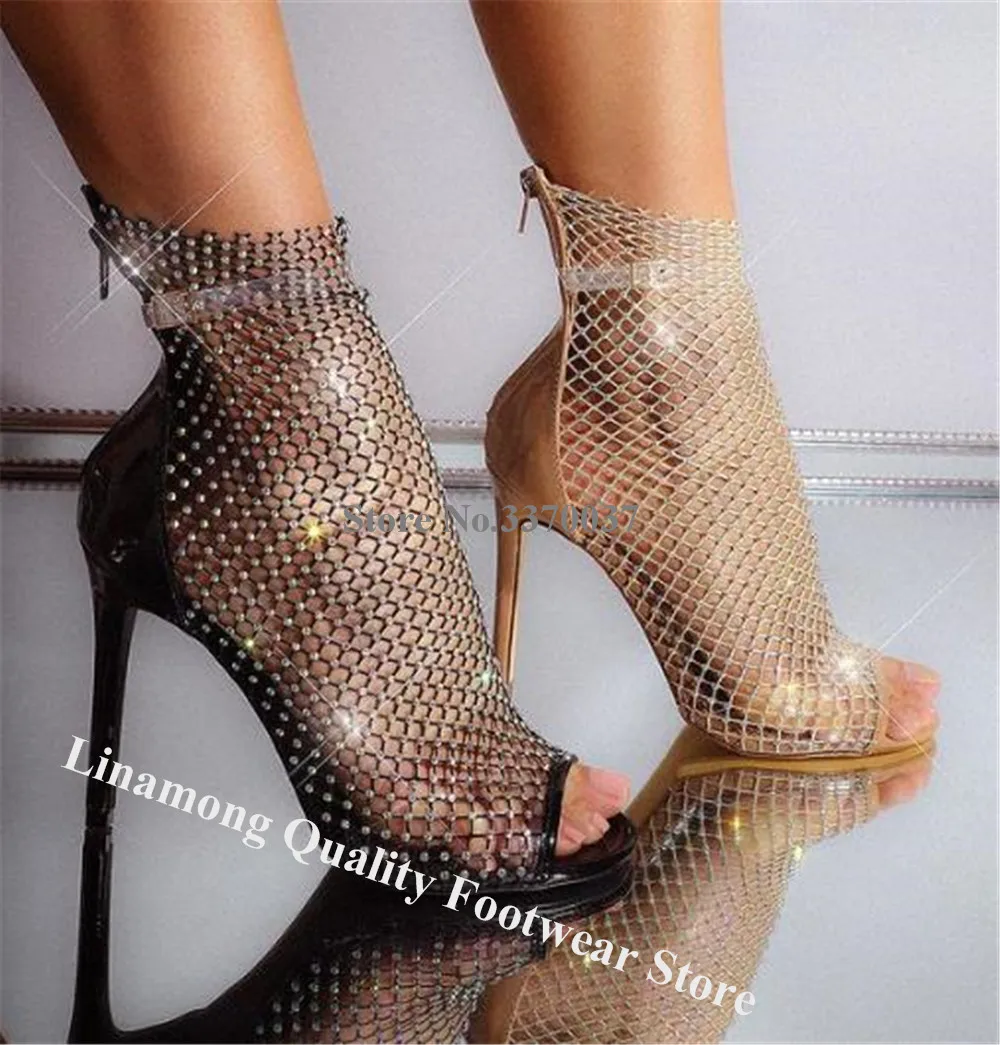 Linamong Bling Bling Rhinestones Mesh Thin Heel Short Sandal Boots Peep Toe Black Nude Crystals High Heel Ankle Sock Pumps