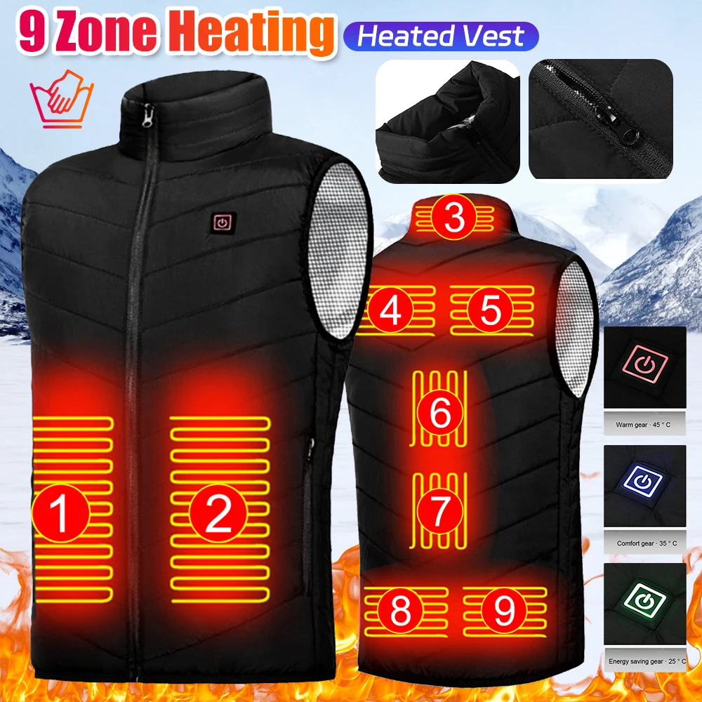 9-gebieden verwarmd vest heren dames USB elektrisch zelfverwarmend vest Verwarmingsvest Verwarmde jas Wasbare thermisch verwarmde kleding