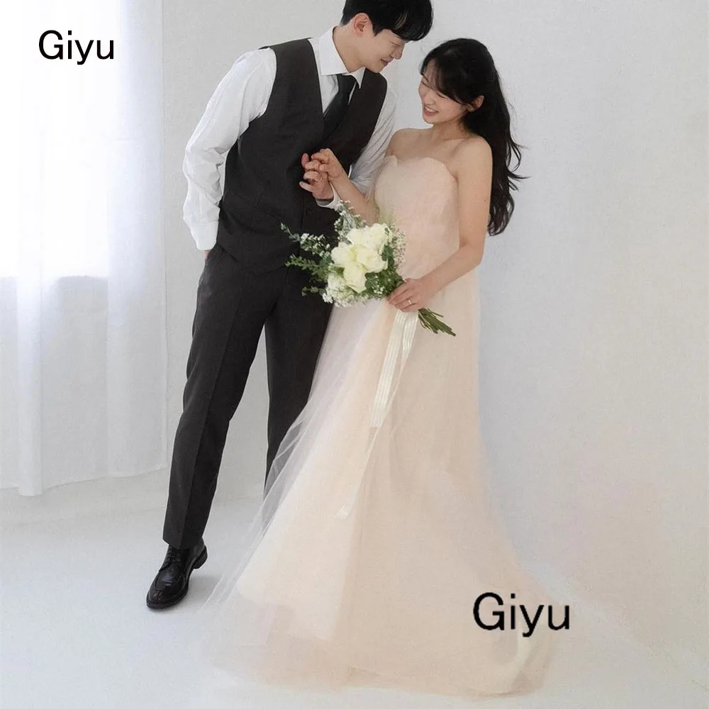 Giyu Fairy Light Pink Korea Wedding Dress Photoshoot Sweetheart Collar Tulle Shawl Floor-length Evening Gown Dress 웨딩드레스