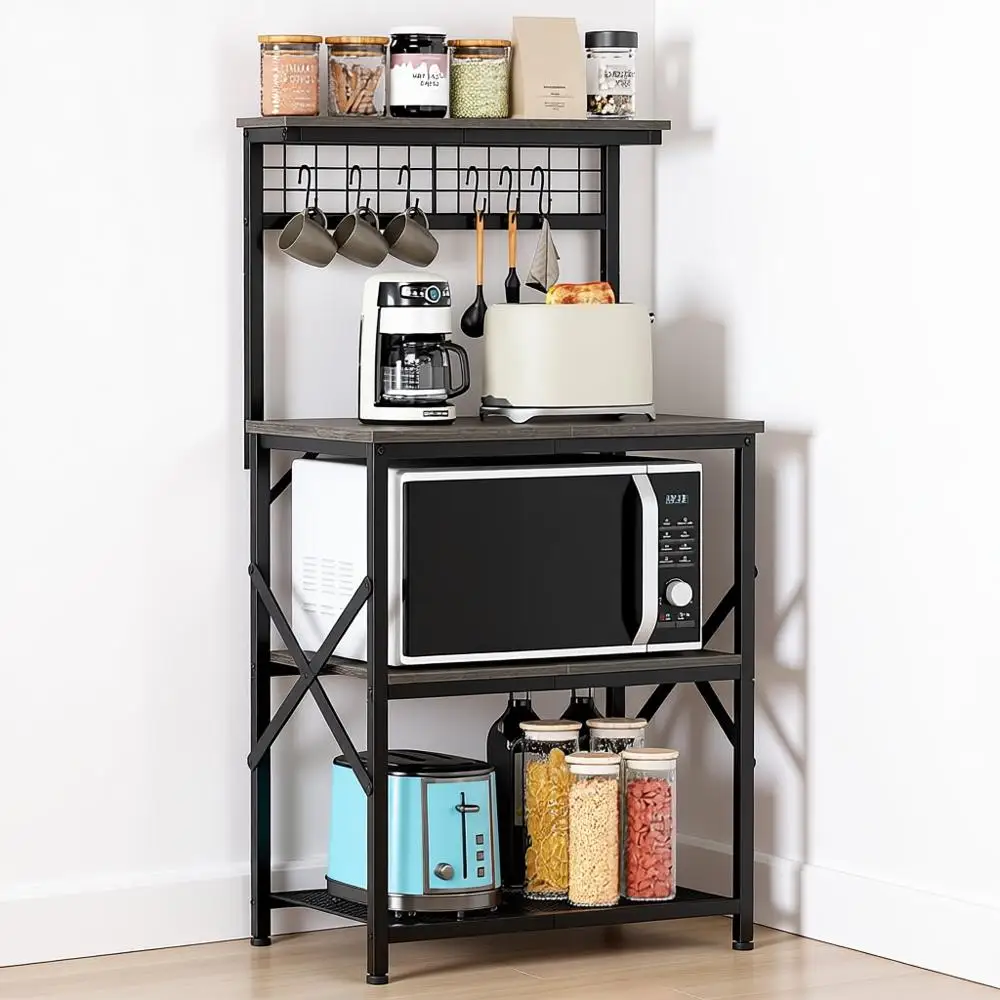 

Kitchen Bakers Rack, Microwave Stand with Storage 4 Tiers, Coffee Bar Station with 6 S Hooks and Pegboard, Kitchen Shelves Rack