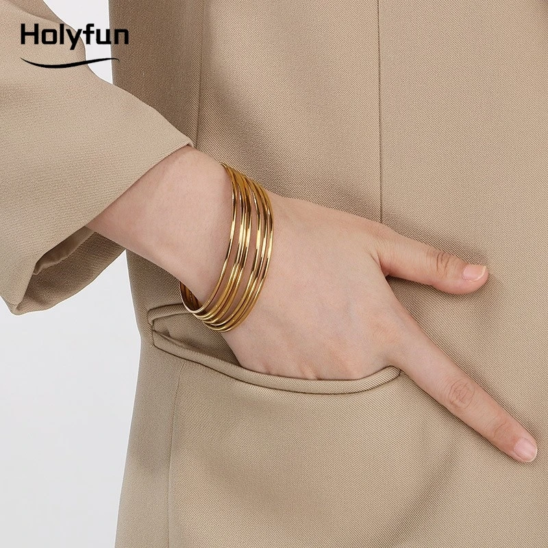 Holyfun błyszcząca 18K pozłacana bransoletka ze stali nierdzewnej bransoletka dla kobiet minimalistyczna podstawowa opaska na nadgarstek bransoletki wodoodporna biżuteria — zdjęcie 7
