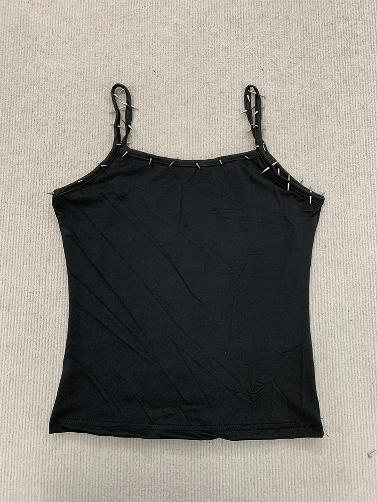Summer Black Spike Studded Spaghetti Strap Crop Cami Top Daily Club Party Edgy Slim Gothic Y2K New Trendy Women's Camisole