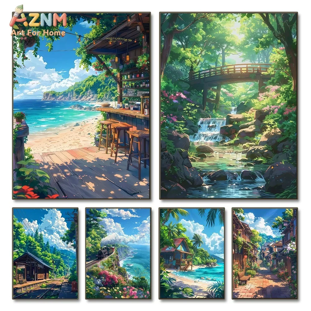 AZNM Anime Coastal Scenery Canvas Wall Art Tropical Beach Waterfall Train Village Print Unframed Canvas Painting Home Decor Post