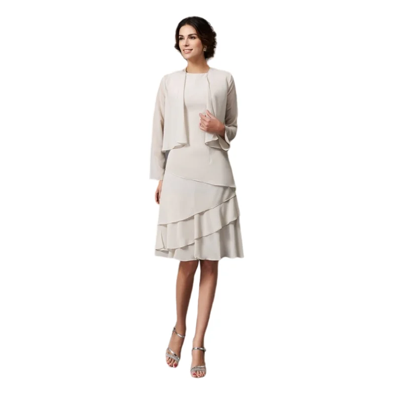 

Plus Size Mother Of The Bride Dresses A-line Knee Length Chiffon With Jacket Short Groom Mother Dresses For Wedding