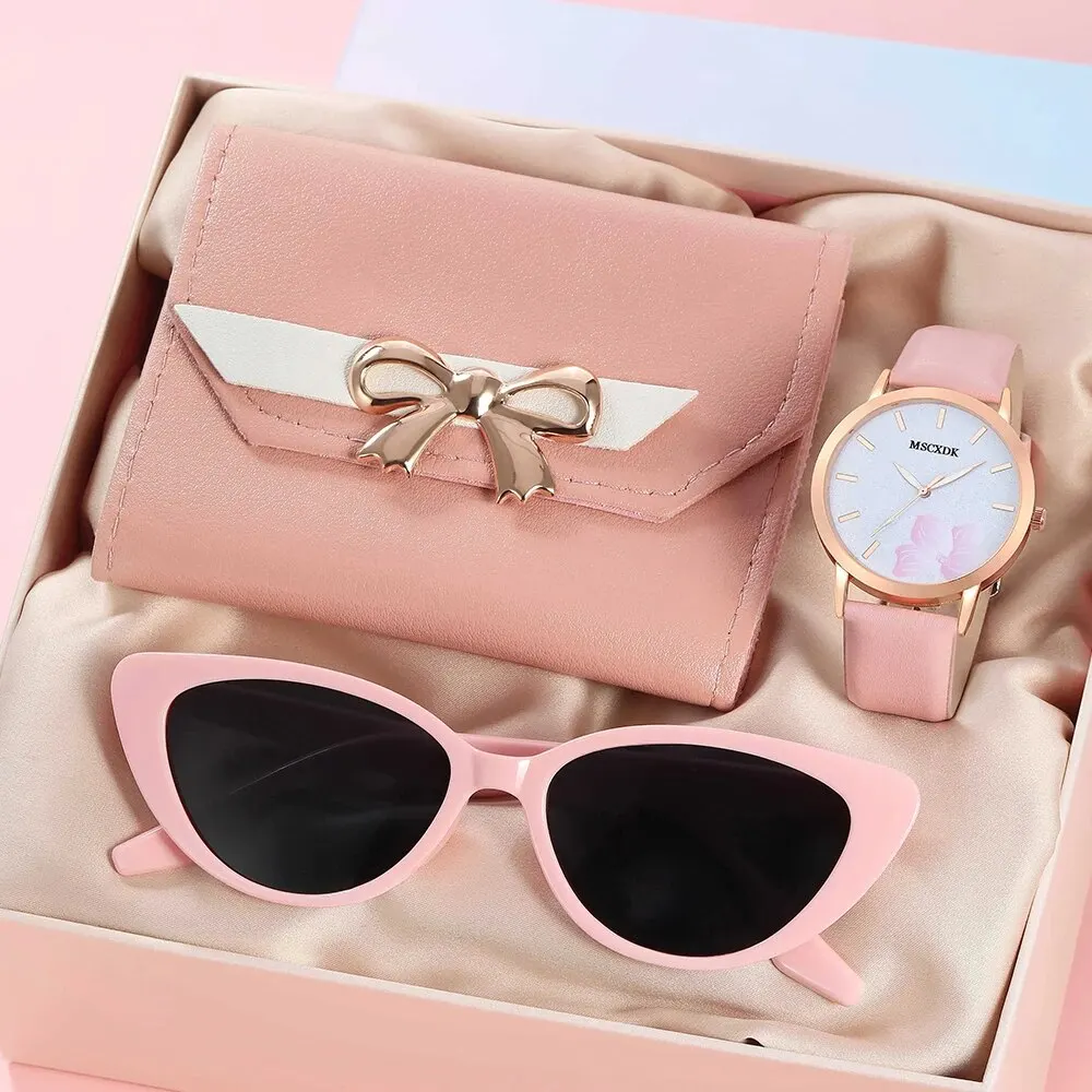 Fashion Women Watches Glasses Wallet Set Casual Leather Belt Quartz Wristwatches Ladies Wallet Card Bag Sunglasses Montre Femme