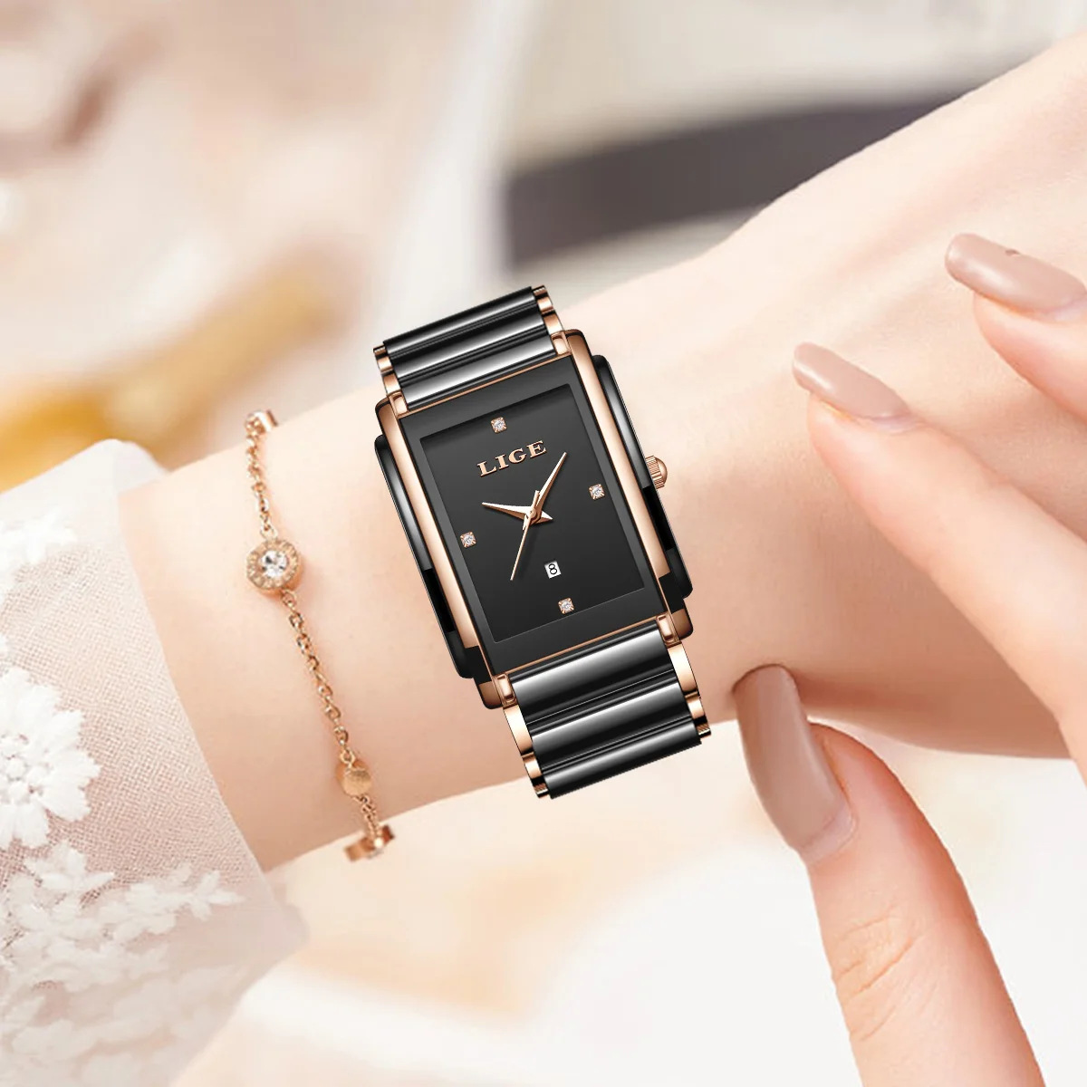LIGE 2026 New Elegant Women Watch Fashion Simple Square Diamond-Set Dial Quartz Luxury Ceramic Waterproof Ladies Watches reloj