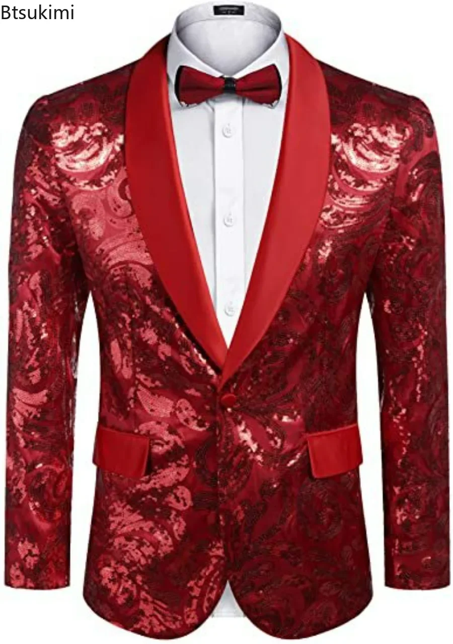 2024 Men\'s Shiny Gold Sequins Blazer Stylsih Shawl Collar One Button Tuxedo Floral Suit Jacket Party Wedding Groom Costume Homme