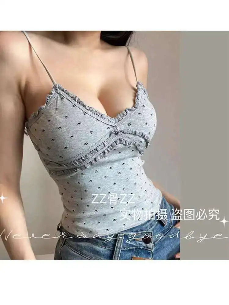 ฤดูร้อนใหม่สไตล์ฝรั่งเศสVคอพิมพ์Splicing Tank Bralette Crop Top Vคอเสื้อเซ็กซี่ร้อนผู้หญิงเกาหลี 2025 ใหม่UQSX