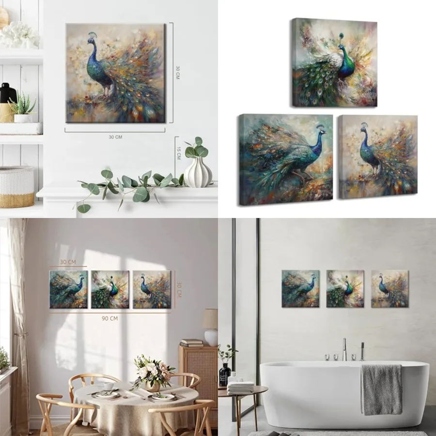 

Peacock Stretched Canvas Wall Art for Bathoom Bedroom Home Decoration, Beautiful Colorful Elegant Proud Peacock Animal Picture Print Artwork Painting Decor, Inner Frame 12x12 Inches x3p