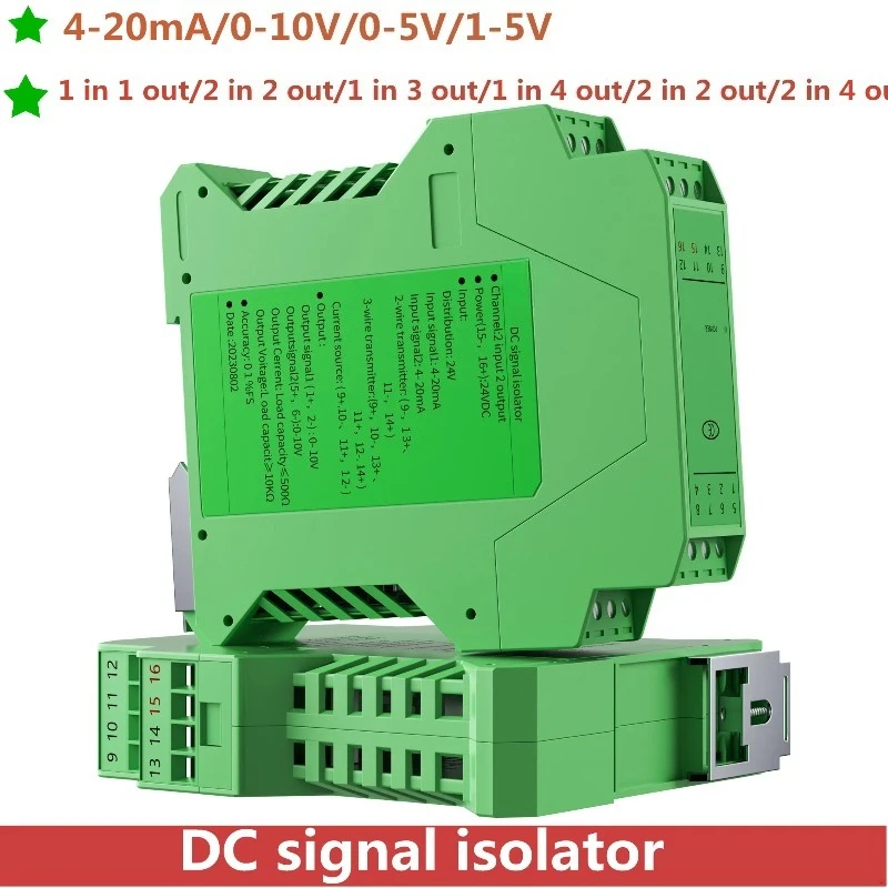 DIN Rail DC Analog Signal Isolator 2 in 2 Out 4-20mA 0-5V 0-10V RS485 Signal Converter Transmitter