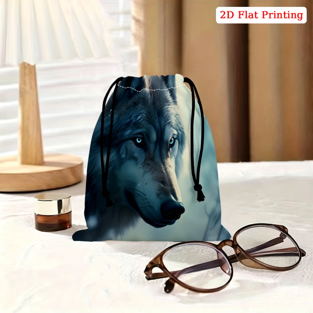 1pc Wolf Pattern Drawstring Bag Blue 2d Flat Printing Storage Small Pouch For Glasses Cosmetics Travel Organizer Portable Gift
