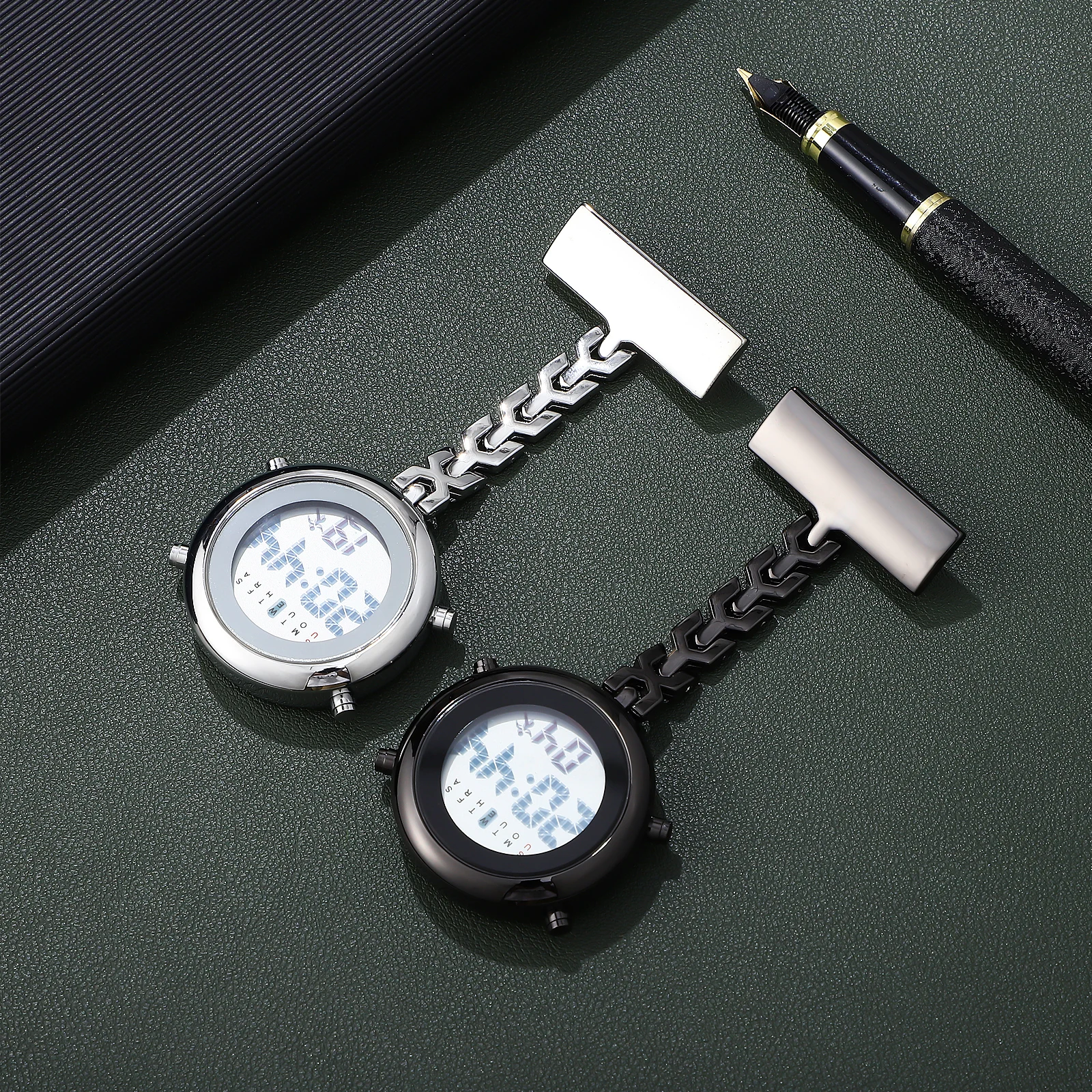 2 pcs Nurse Brooch Pocket Watch Stainless Steel Electronic Timer Alarm Date Display Clip On Pendant Small Quartz for Doctors