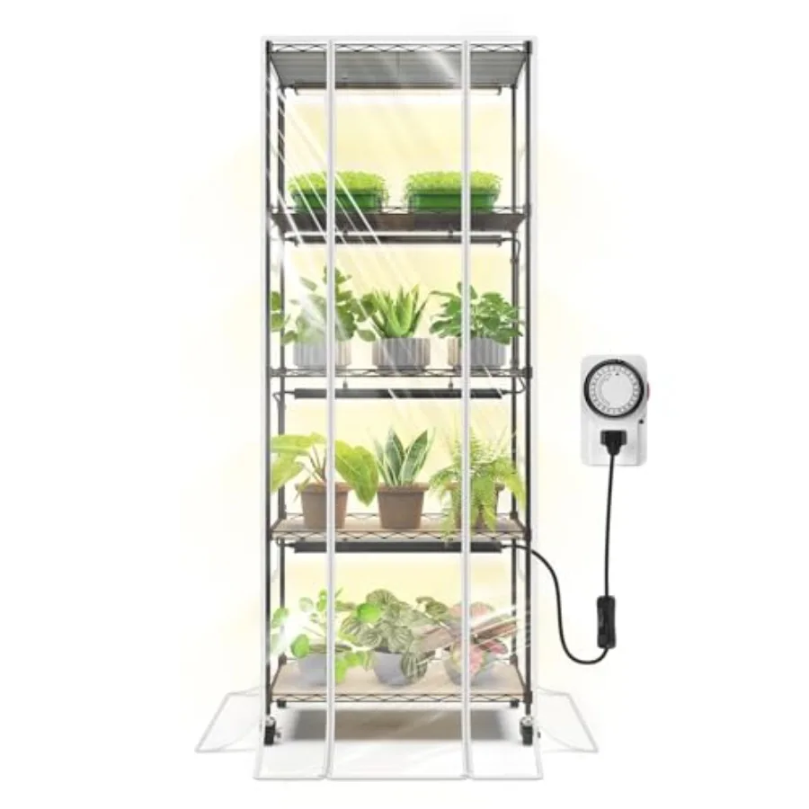 

CX91Z Indoor Greenhouse with Grow Light 5-Tier Plant Stand with Cover and 1.6FT 25W Per Light Full Spectrum Plant Lights Plant