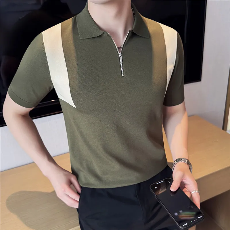 

Мужская летняя рубашка-поло из ледяного шелка — воротник с полумолнией, дышащий трикотаж на плечах контрастного цвета, облегающий крой