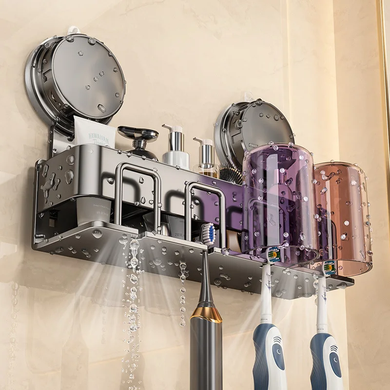 YM No Drilling Suction Cup Hair Dryer Stand All-in-One Bathroom Bracket with Toothbrush Holder And Toothware Rinsing Cup