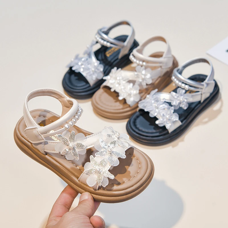 

Children Summer Flower Sandals Sweet Rhinestone Girls Princess Sandals Open-toe Breathable Kids Dress Sandals for Wedding Party