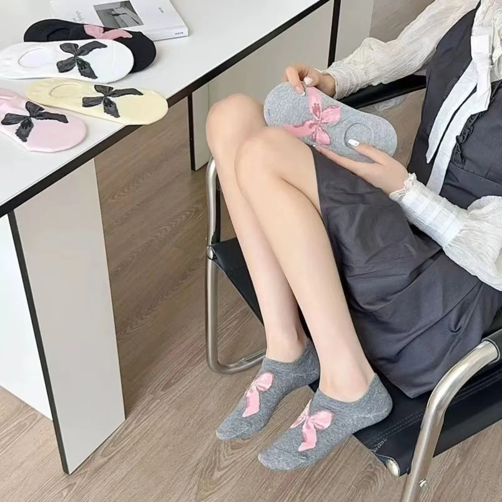 

6 Pair Shallow Mouth Sweet Bow Socks Thin Breathable Ankle Socks Anti-slip Comfortable Boat Socks Autumn