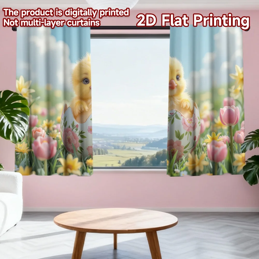 

2D flat printing 2pcs Window Curtains Easter Chick in Floral Egg Digital Printed Polyester Drapes Birthday Party for Festive