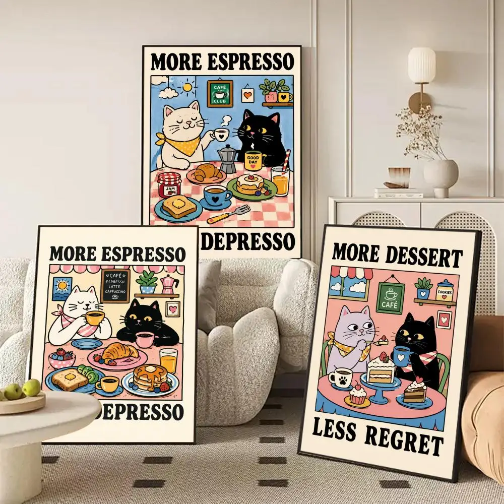 More Espresso Less Depresso Black Cat Painting Calligraphy Anti-wrinkle Canvas Poster Wall Mural Art Photos for Room Home Decor