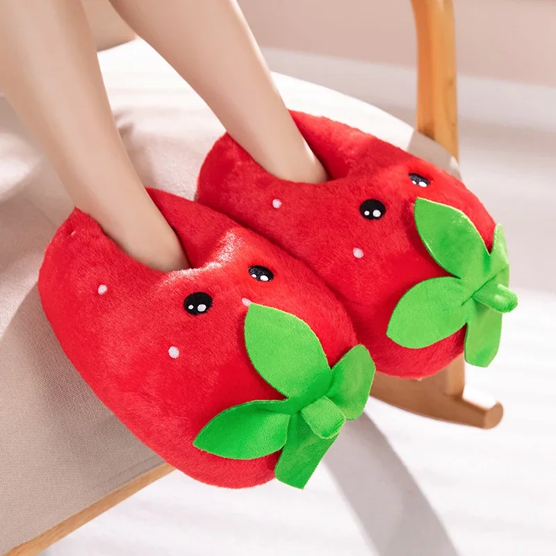 Winter Warm Pineapple Strawberry Cartoon Women Plush Slippers Thick Furry Ankle Wrap Men Lady Couple Home Cotton Shoes