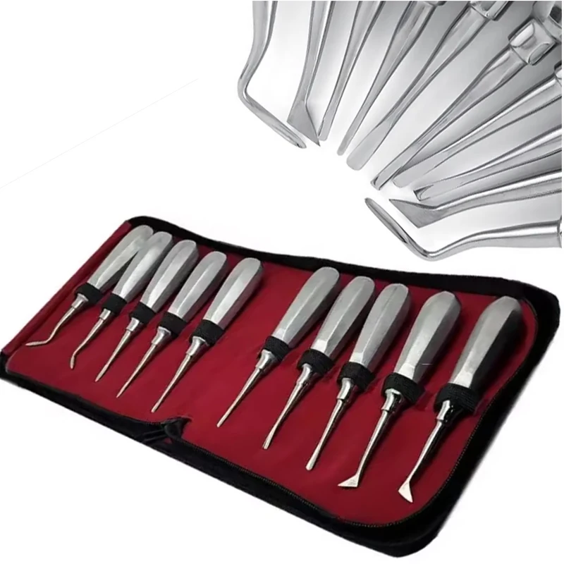 

Professional Dental Elevator Kit 10pcs Stainless Steel Tooth Extracting Forceps & Curved Root Lift Elevator for Oral Surgery