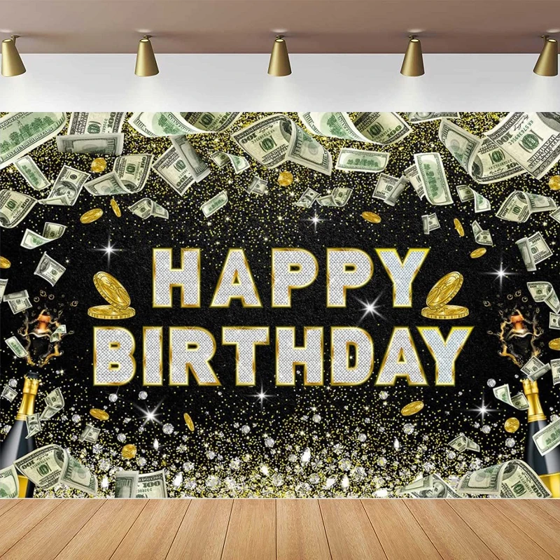 

Dollar Bill Black Gold Photography Backdrop Glitter Diamond Champagne Photo Background Money Casino Boy Girl Birthday Party