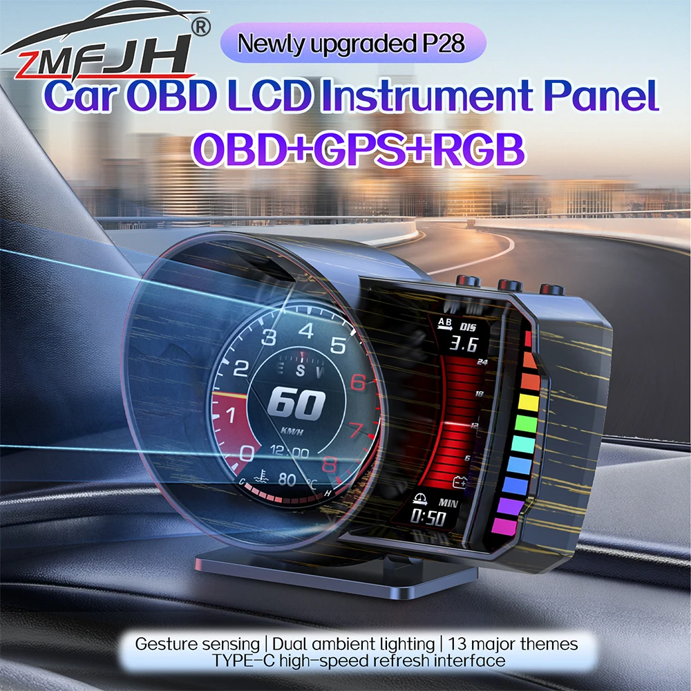 P28 Car Head Up Display OBD GPS Speedometer Tachometer Water Temp Voltage Gauge On-Board Computer Auto Electronic Accessories