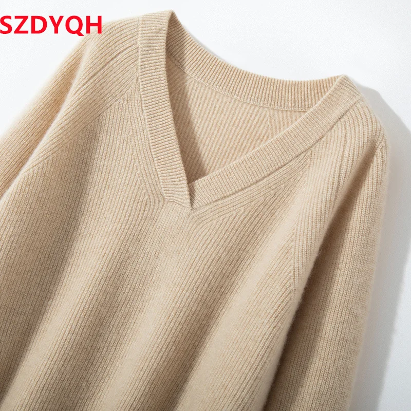 2023 Hot Sale Autumn Winter Women\'s 100% Cashmere Sweater V-Neck High Quality Soft Warm Pullover Female Loose Knitted Jumper