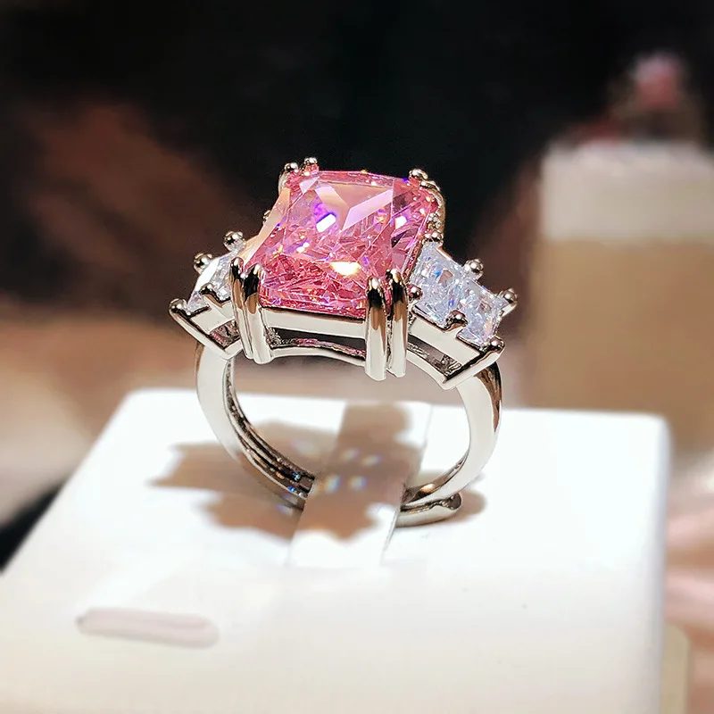 925 sterling silver fashionable European and American style overturned stone inlaid pink diamond ring niche design square ring