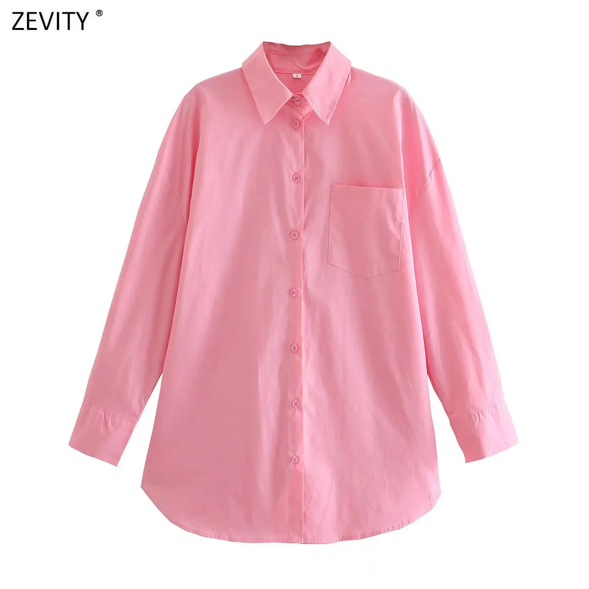 Zevity Vrouwen Fashion Snoep Kleuren Zakken Patch Losse Poplin Blouses Dames Lange Mouwen Zaken Shirts Blusas Chic Tops LS731