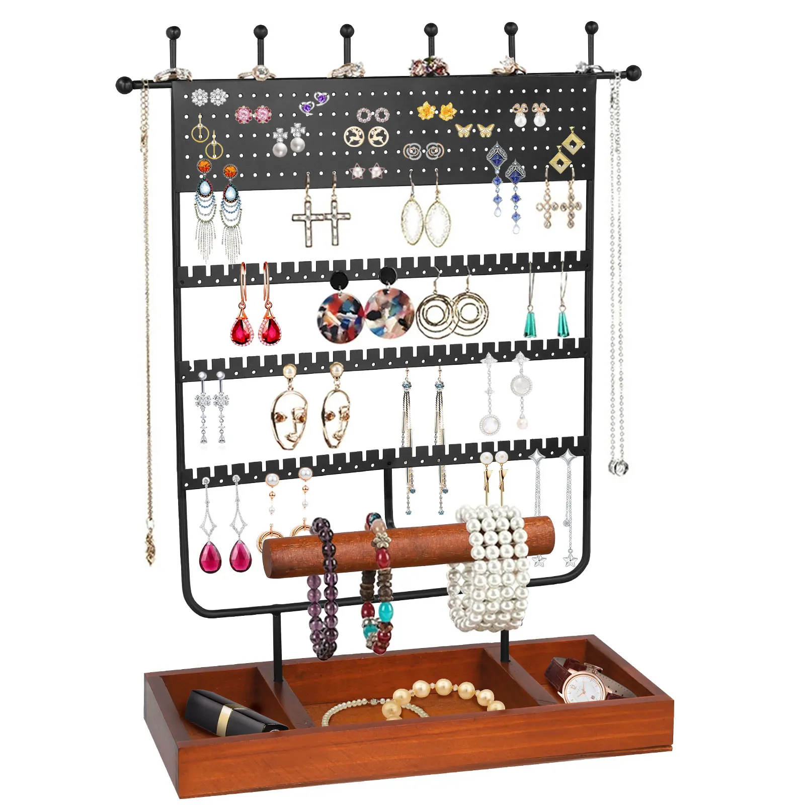 Jewelry Tree Holder Display Organizer with Tray, Hooks, Ring Storage Base for Earrings, Necklaces, Bracelet, Store Display