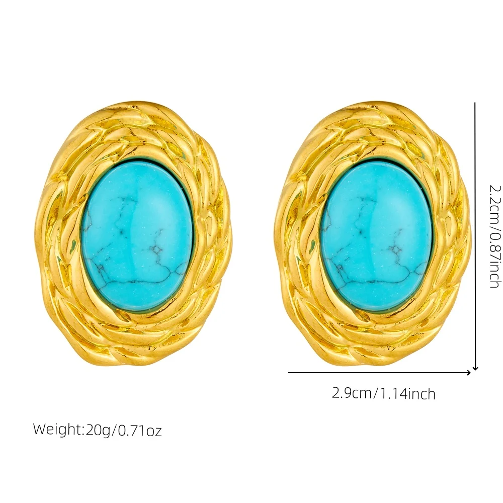 DIEYURO 316L Stainless Steel Golden Elliptical Inlaid Turquoise Pendant Necklace Earrings Ring Set Womens Fashion Jewelry Gift