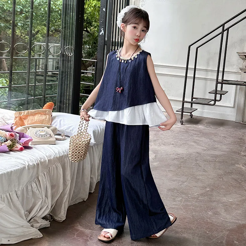 Elegant Children's Summer Outfit Suit for Girl Bohemian Clothes Set Cotton Tops And Pants 2 Pieces Clothing Set Kids Age 5-14Y