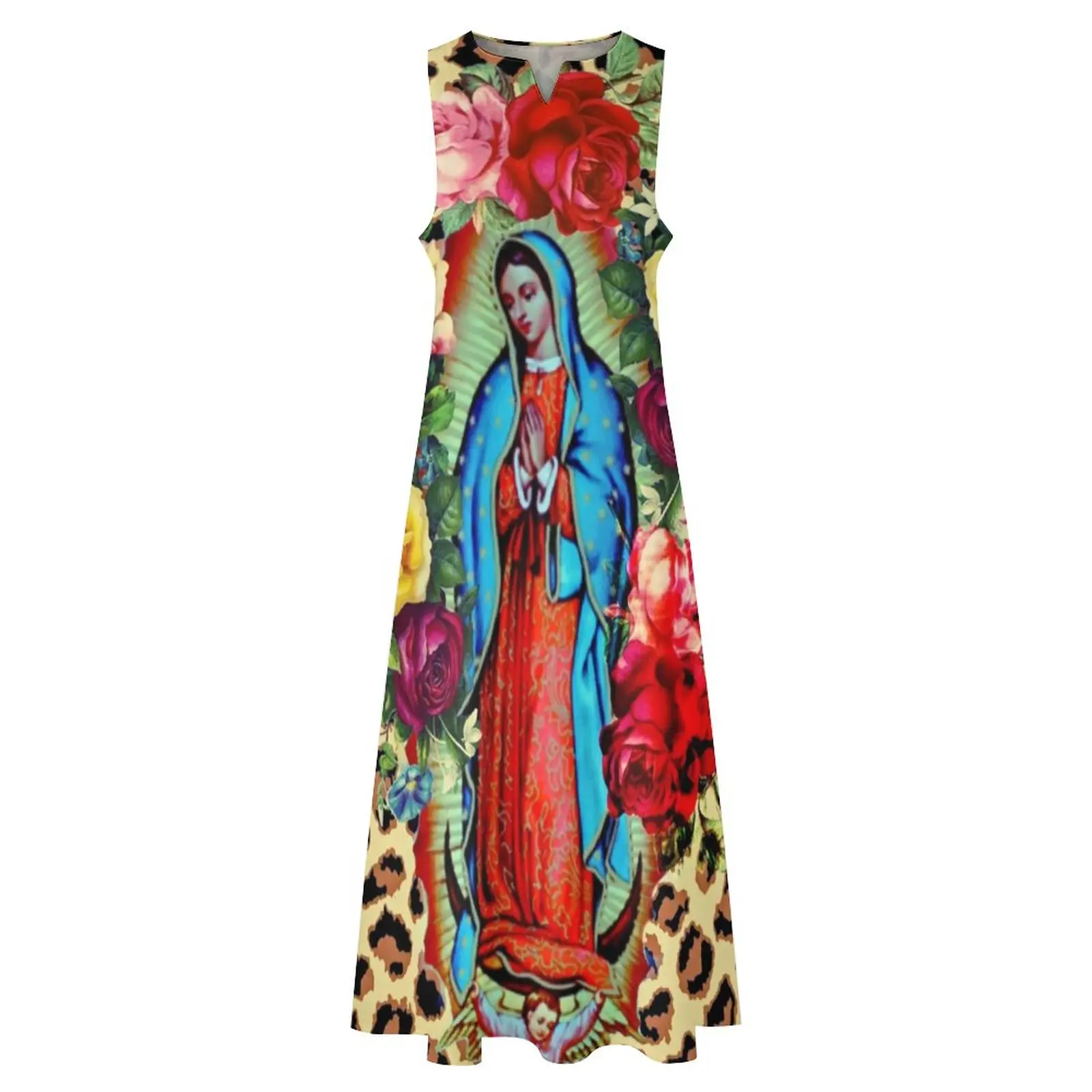 Guadalupe Virgin Mary Dress stampa floreale Vintage Maxi Dress con scollo a V modello Boho Beach abiti lunghi Fashion Big Size Vestido