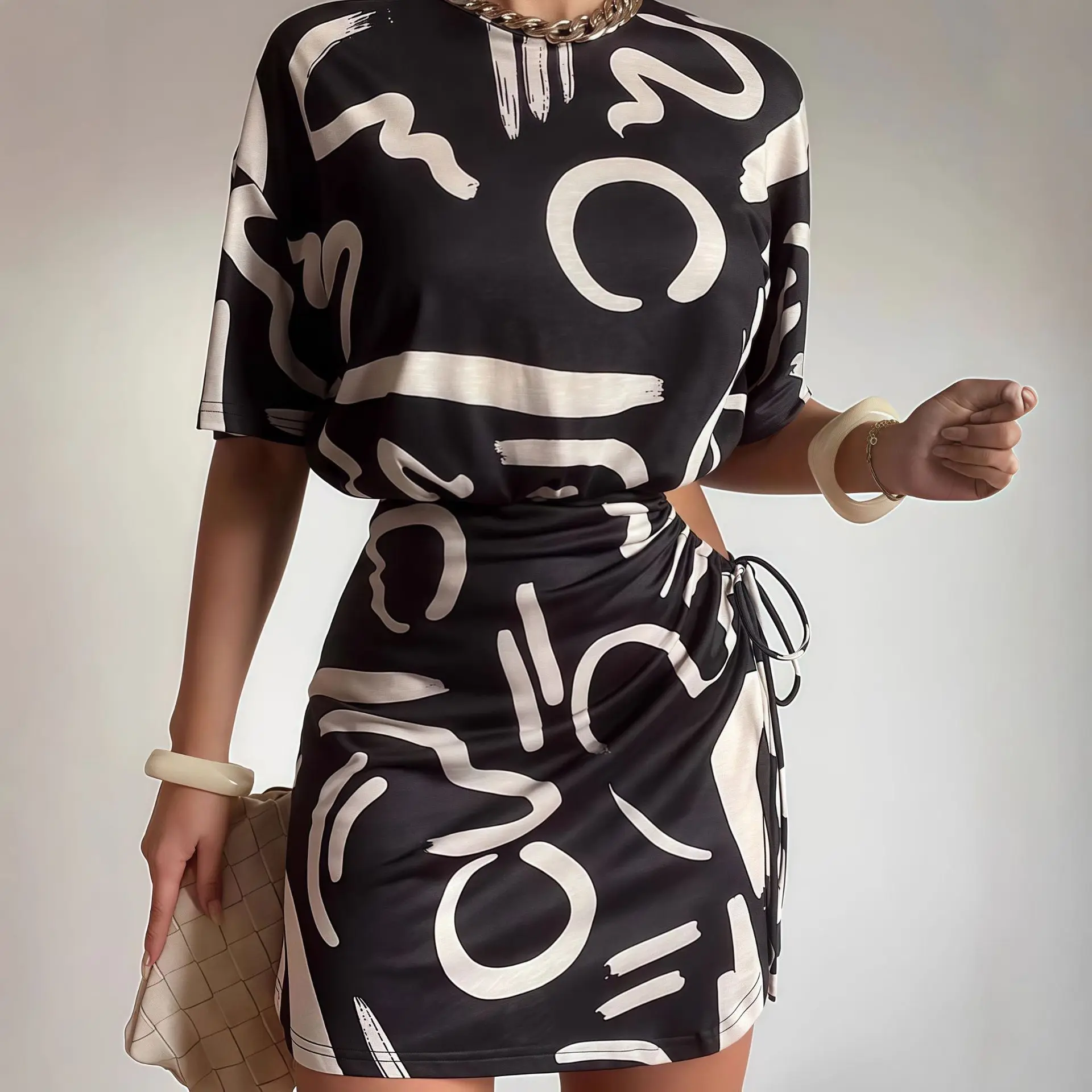 Yuzhexi clássico tie-dye plissado vestido verde apertado feminino cintura recorte manga curta verão graffiti bainha robe