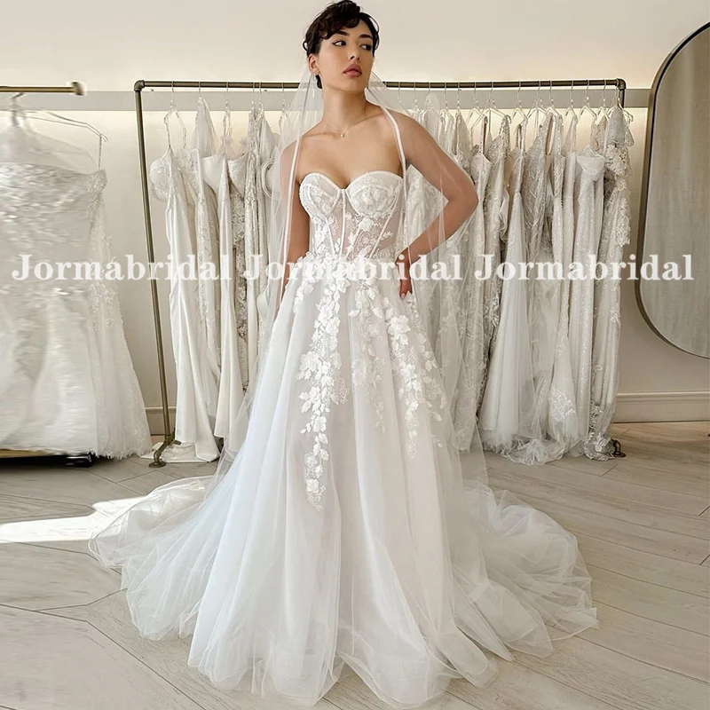 Exposed Boning Civil Wedding Dress Sweetheart Neckline Sheer Bodice Lace Appliqués Bridal Gowns Custom Made